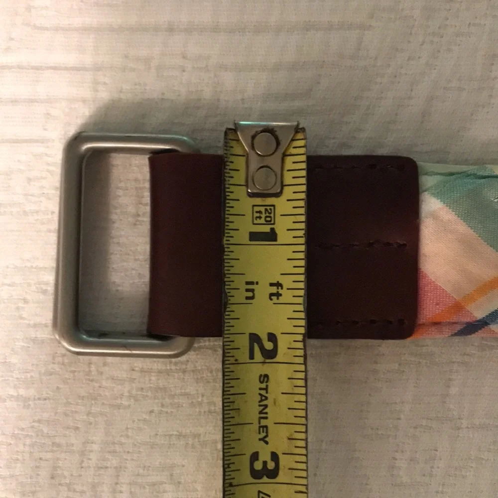 Brooks Brothers Preppy Plaid Fabric Belt with Brown Leather Accents Adjustable